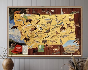 Hunting and Fishing Map of Montana| Pictorial Map| Hunter Gifts| Vintage Hunting Poster