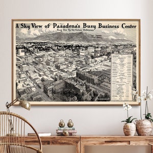 Impression de carte vintage du centre-ville de Pasadena, affiche de carte illustrée, cadeau d'art mural pour la maison