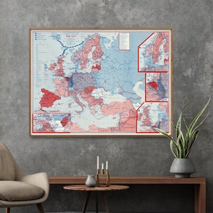 Poster con mappa d'epoca dell'Europa della Seconda Guerra Mondiale/Stampa della mappa del fronte occidentale/Regalo militare per la casa