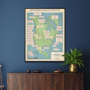 Extreme weersomstandigheden in de Verenigde Staten en Canada| Vintage kaartafdruk| Poster wereldkaart meteorologie| Weerman muurkunst cadeau