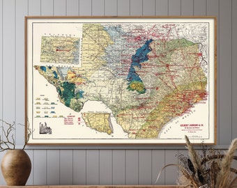 Texas Oil and Geological Map| Oil Filed Print| Texas Vintage Map Print| Texas Home Decor