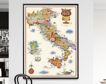 Wine Map of Italy| Vintage Map of Italy| Pictorial Map| Wine Lover Gift| Italy Wall Map Print