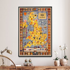 Carte illustrée vintage de la royauté britannique et héraldique de la Grande-Bretagne | Art mural personnages historiques britanniques, cadeau pour la maison | Affiche d'Air Britain