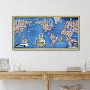 Stampa mappa del mondo vintage di Babbo Natale/Poster lungo e stretto/Decorazione da parete natalizia
