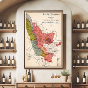 Mappa dei vini di Bordeaux - Stampa mappa vintage, poster della regione vinicola francese, decorazione da parete per sala da pranzo