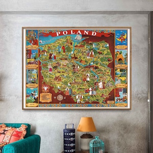 Vintage geïllustreerde kaart van Polen, poster Poolse geschiedenis, muurkunst cadeau voor thuis