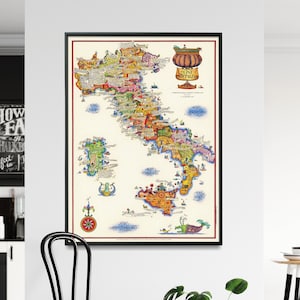 Carte des vins d'Italie, carte d'Italie vintage, carte illustrée, cadeau pour amateur de vin, impression de carte murale d'Italie