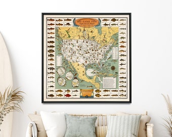 Old Fishing Map of USA and North America| Great Fishing Gift| Fishing Cabin Wall Art