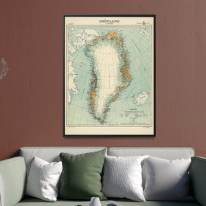 Stampa mappa vintage della Groenlandia, poster mappa danese della Groenlandia, regalo per la casa, decorazione da parete