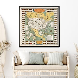 Old Fishing Map of USA and North America| Great Fishing Gift| Fishing Cabin Wall Art