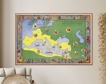 Roman Empire Vintage Pictorial Map Print| Ancient World Map Poster| Wall Art Home Gift