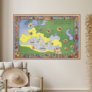 Stampa mappa pittorica vintage dell'Impero Romano/Poster mappa del mondo antico/Arte murale regalo per la casa
