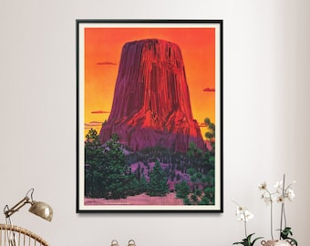 Devil's Tower Vintage Poster Print, Wyoming National Park Wall Art, National Monument Painting