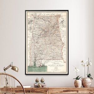 Impression de carte vintage de l'État de l'Alabama| Affiche ancienne de carte| Décoration murale pour la maison