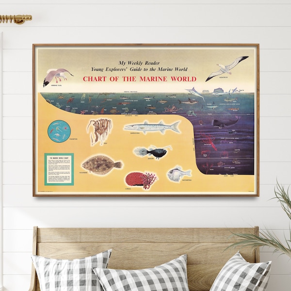 Vintage Marine Life Poster| Ocean Animals Chart| Sea Life Print| Living Ocean Wall Art