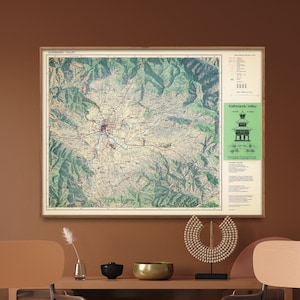 Oude kaart van Kathmandu| Kathmandu-vallei| Nepal schilderij| Grote kaart muurkunst| Vintage kaartafdruk