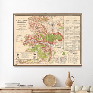 Champagne Wine Map| Vineyards And Wine-Culture| France Wine Region Map| Wine Cellar Wall Art