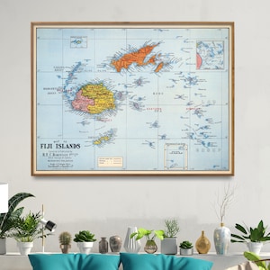 Impression de carte vintage des îles Fidji | Grande carte des Fidji | Art mural Cadeaux Fidji