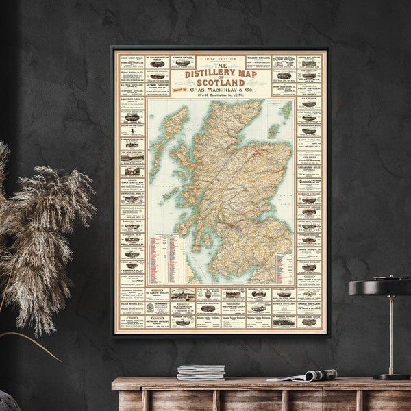 Carte du whisky de l'Ecosse impression vintage| Art mural carte de whisky écossais | Affiche de carte des distilleries de whisky| Décoration de bar à whisky