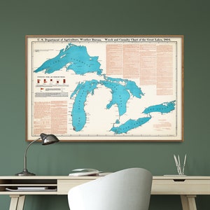 Carte vintage des épaves des Grands Lacs | Décoration murale nautique| Cadeau pour la maison côtière