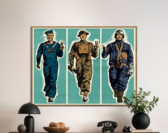 Segunda Guerra Mundial: Uniformes Britânicos - Impressão de pôster vintage do Escritório Britânico de Guerra, presente de arte de parede militar
