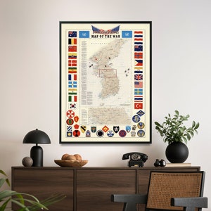 Guerra di Corea: cronologia - Stampa di mappa militare d'epoca, arte murale del conflitto tra Corea del Nord e Corea del Sud, poster dell'era della Guerra Fredda