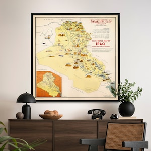 Impresión de mapa pictórico vintage de Irak/Póster de mapa cuadrado/Arte mural iraquí
