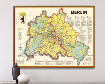 Berlin Wall Vintage Map Print| Cold War Era Berlin Map Poster| Mid Century Wall Art Home Gift