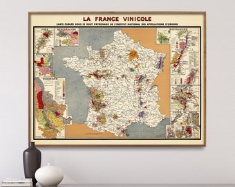 Carte des vins de France| Vignobles en France| Salle à manger, restaurant, cuisine| Décoration, affiche, art mural, cadeau, gros caractères