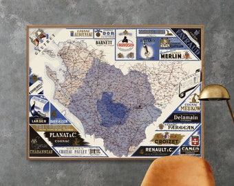 Impressão de mapa vintage de conhaque: região vinícola de Charente-Maritime, França