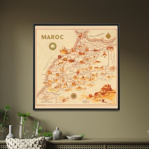 Impression de carte vintage du Maroc | Décoration d'intérieur marocaine| Poster d'art mural Maroc