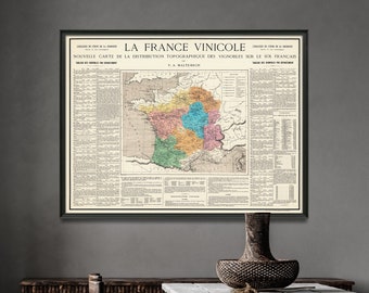 Wines of France Map| France Wine Region| France Vineyards Map| Wine Bar Wall Art