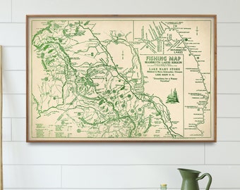 Mammoth Lakes Region Vintage Fishing Map Print| Mammoth Lakes, California Map Poster| Fishing Wall Art Gift