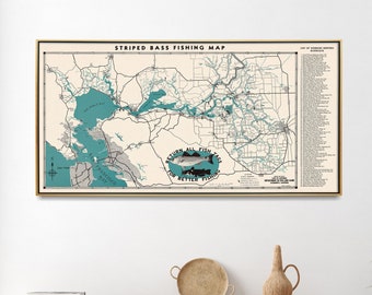 Bass Fishing Map San Francisco Bay Area| Fishing Gift For Men| Fisherman Gift For Husband| Vintage Fishing Map Print
