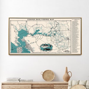 Carte de la pêche à l'achigan dans la région de la baie de San Francisco | Cadeau de pêche pour homme | Cadeau pêcheur pour mari | Impression de carte de pêche vintage