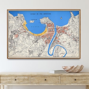 Saint-Sébastien, Espagne| Impression de carte vintage| Grande affiche de carte| Décoration murale pour la maison