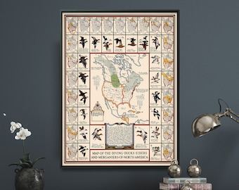 North America Diving Ducks, Eiders & Mergansers Vintage Map Print / Hunter Map Poster / Hunting Wall Art Home Gift