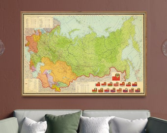 Sovjet-Unie Vintage kaart afdrukken | 1965 USSR-kaartposter| Rusland Home Decor kunst aan de muur