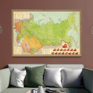 Vintage kaartafdruk Sovjet-Unie | Poster kaart Sovjet-Unie 1965 | Huisdecoratie muurkunst Rusland