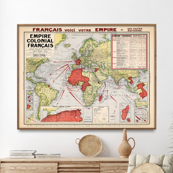Impression de carte vintage de l'Empire colonial français | Affiche de la carte de la France impériale| Art mural historique, cadeau pour la maison