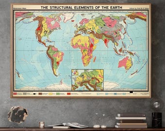 Impresión de mapa geológico vintage: Estructura de la Tierra, arte mural con gráficos geológicos