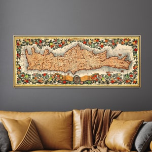 Impression de carte vintage de l'île de Crète | Affiche longue et étroite| Décoration murale au-dessus du lit| Cadeau grec pour la maison