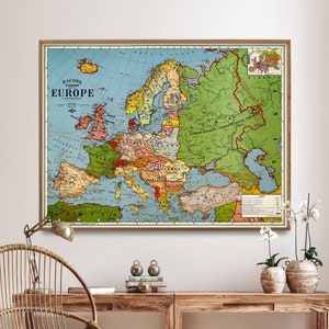 Europa Vintage Mapa Impressão | Grande Paisagem Mapa Cartaz | Arte de Parede Casa Presente