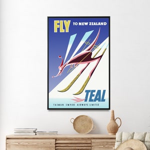 New Zealand Vintage Ski Poster Print| Skiing Kangaroo Wall Art| Teal Airline Travel Poster