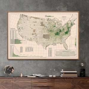 US 1880 Tobacco Production Old Map Print, Tobacco Vintage Chart Poster, Tobacco Industry Wall Art