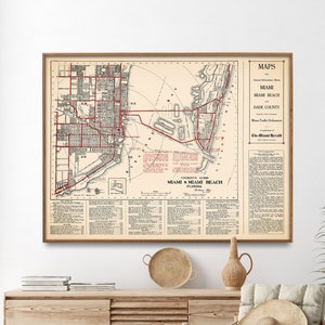 Impression de carte vintage de Miami et de Miami Beach| Affiche du plan des rues| Décoration murale pour la maison