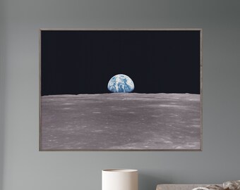 Earthrise: Iconic Apollo 11 Color Photography Print of Earth Rising over the Moon's Horizon