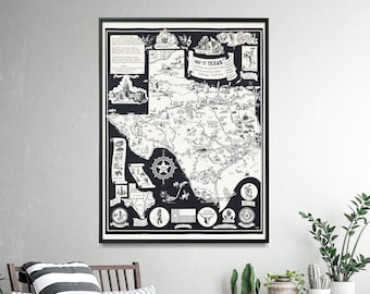 Pictorial Map of Texas| Black & White Texas Poster| Vintage Texas Map| Texas Gift| Large Map Print