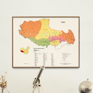 Vintage kaartafdruk Tibet| Poster Kaart van Tibet| Home Cadeau muurkunst