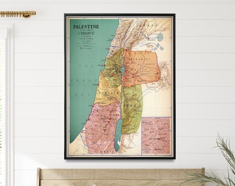 Israel Biblical Vintage Map Print| Palestine Map Poster| Map of Christianity Wall Art| Gospels Map